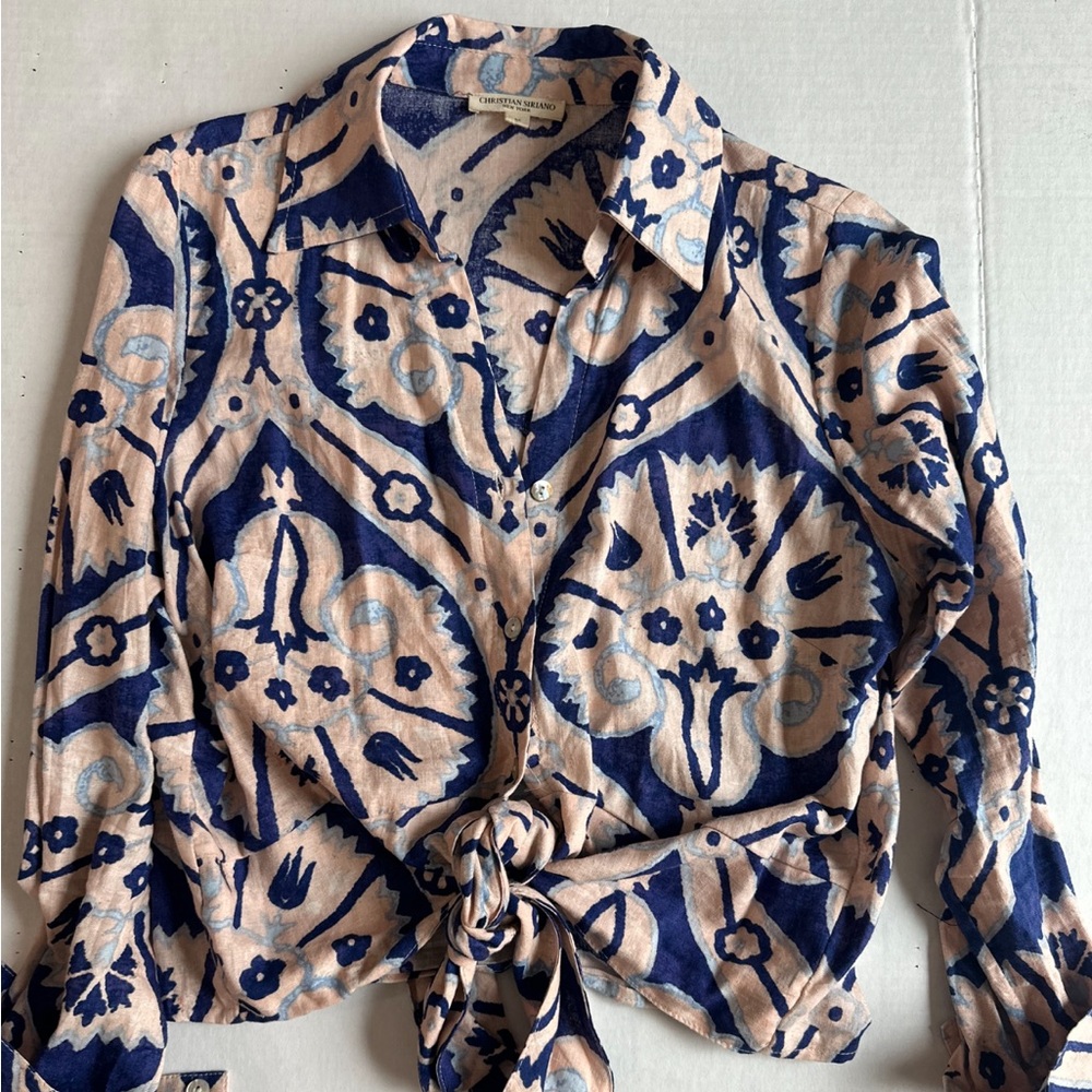 Floral Tie-Front Blouse - Blue and Cream designer Christian Siriano